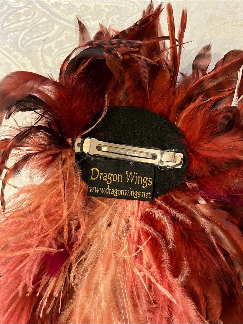 Dragon Wings Feather Fascinator in Coral and Burgundy - Women Hats with Barette